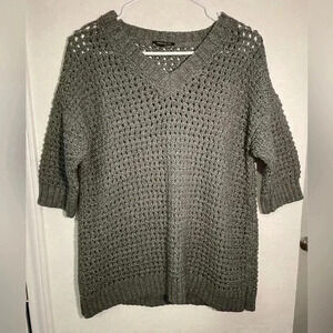 Lafayette 148 Gray Heavy Cotton Open Knit Chunky Short Sleeve V Neck Sweater